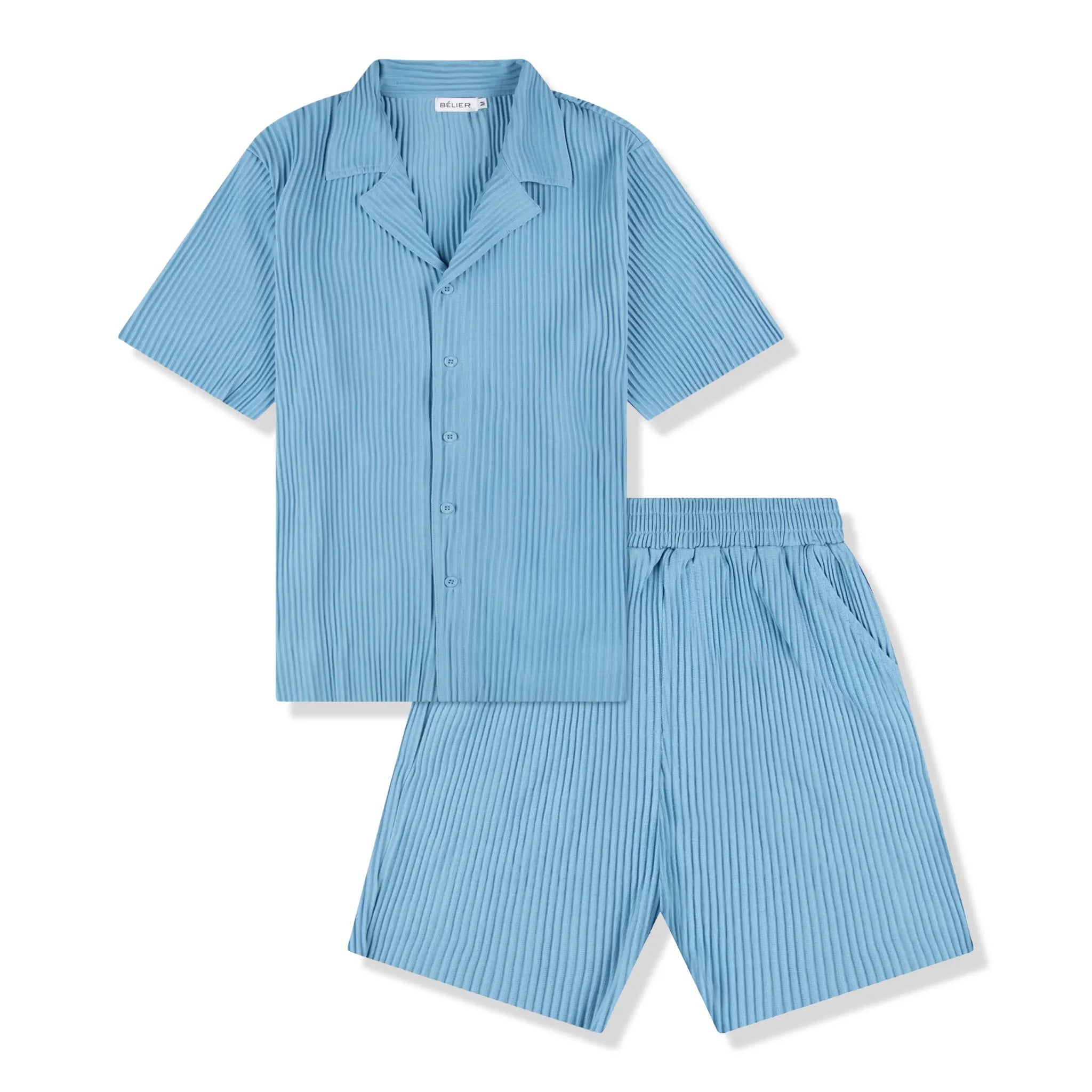 Front view of Belier Pleated Light Blue Resort Shirt & Shorts BM-073 | BM-075